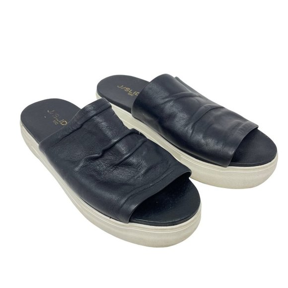 J/Slides Platform Leather Slide in Black Slip-on Thick Rubber Sole Size 6.5 - Picture 2 of 8